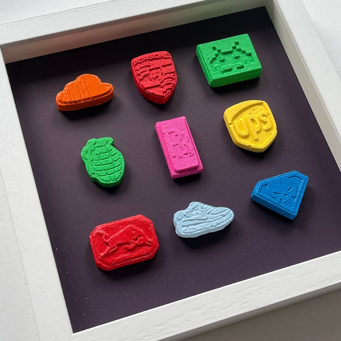 Dean Zeus Colman - 9 Pills (Shaped Logos - Framed in White)