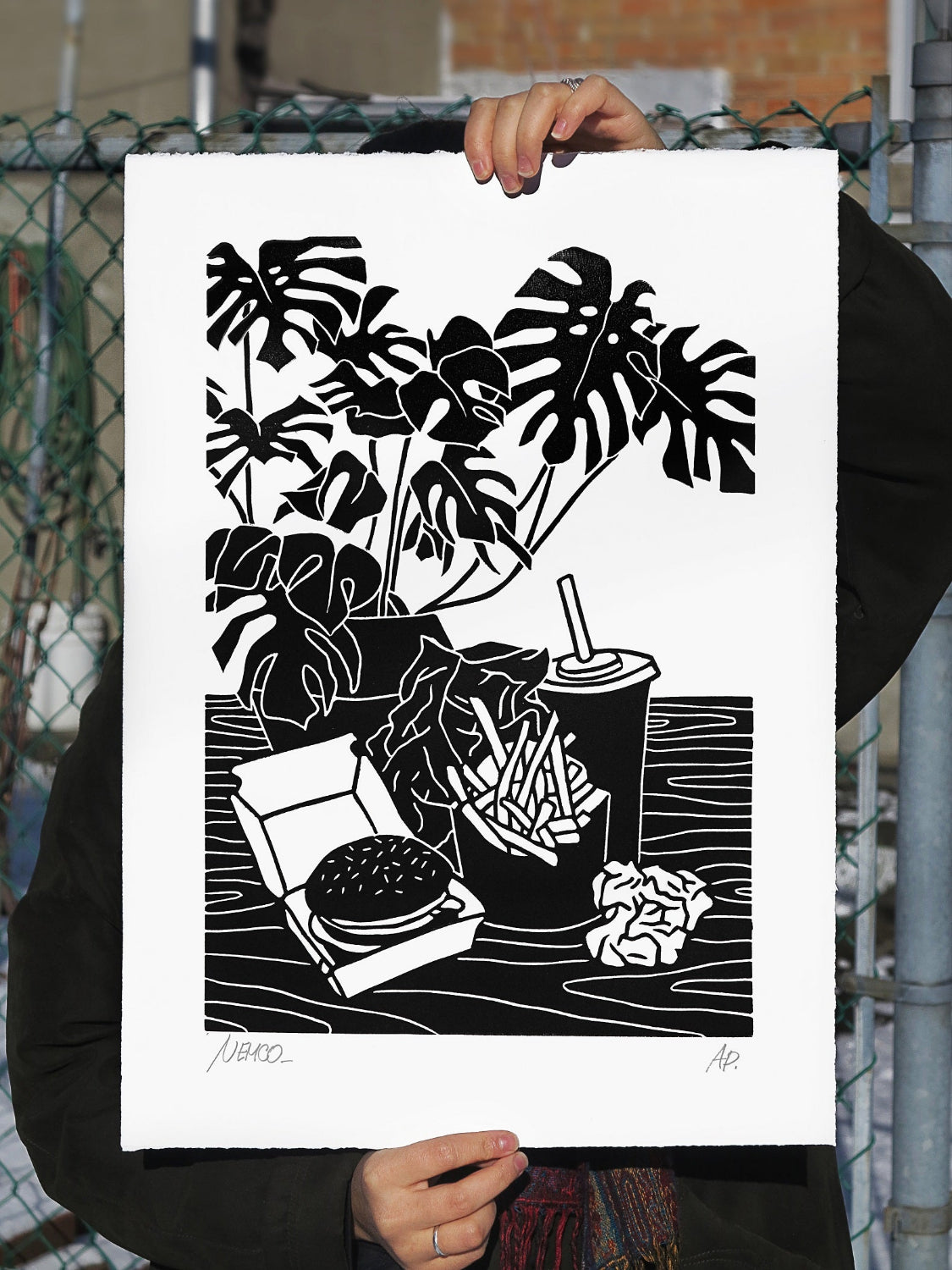 Nemco Uno - Naked Lunch - Signed Linocut Print - Italian Graffiti Artist