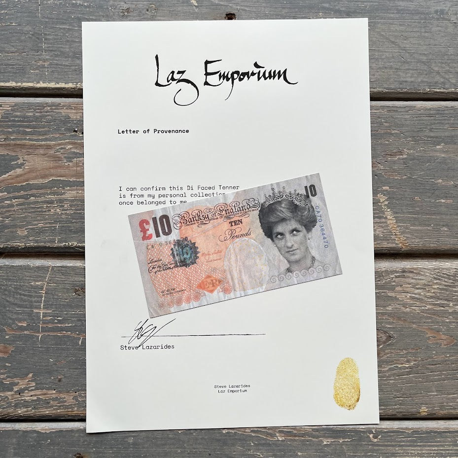 Banksy Di-Faced Tenner With Lazarides Letter