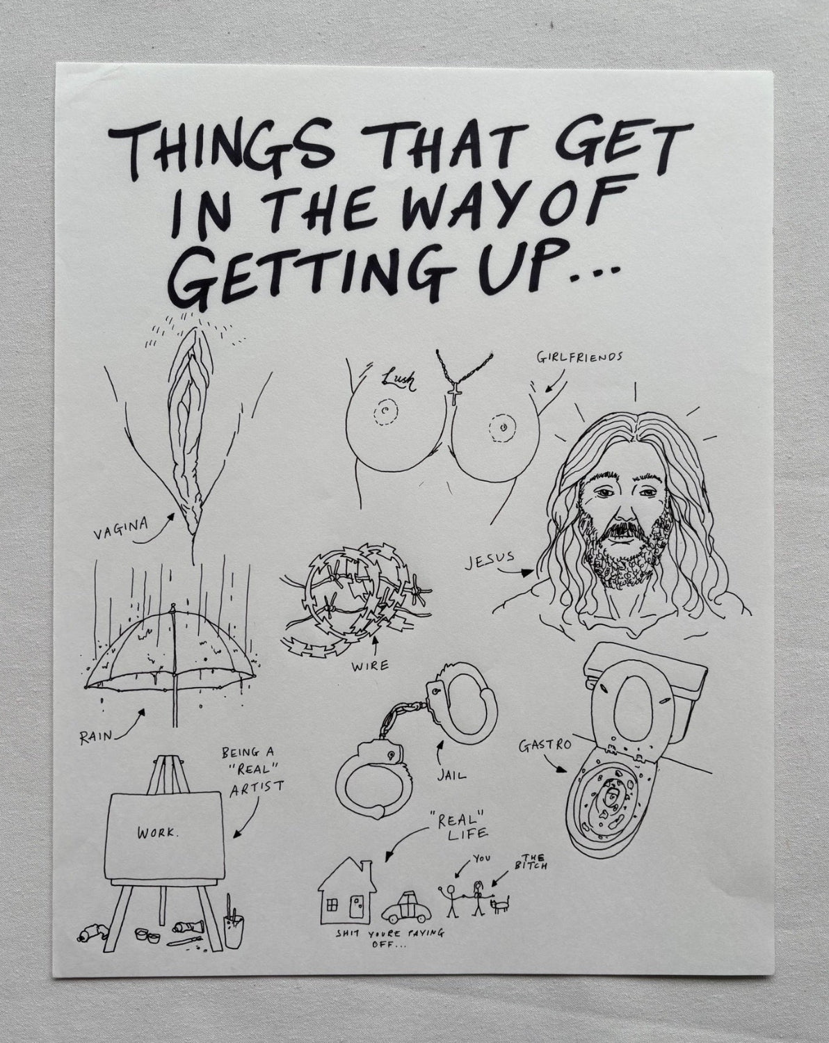Lushsux - Zine Drawing #39 (Things That Get In The Way Of Getting Up)