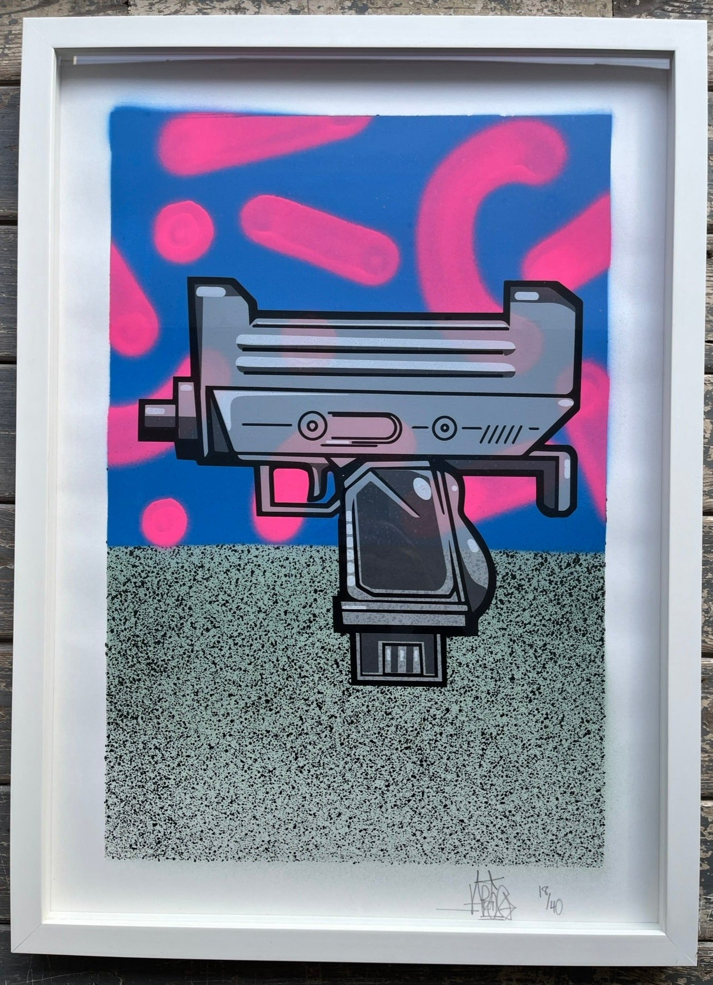 Aroe - Ghost Uzi Patrol - Hand-Painted Screenprint (Framed)