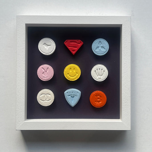 Dean Zeus Colman - 9 Pills (Purple Background - Framed in White)