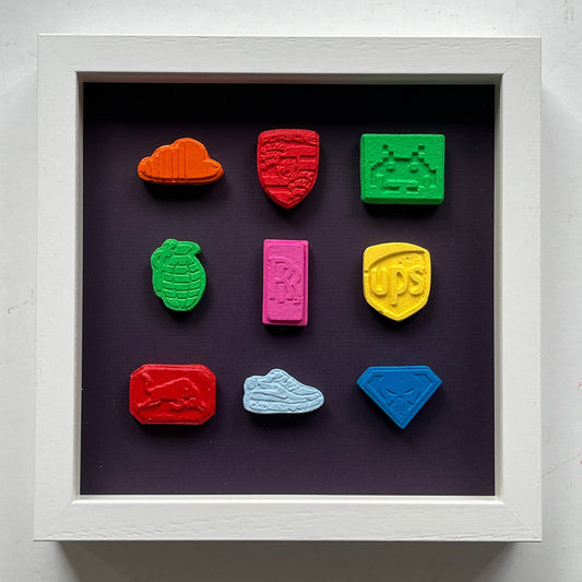 Dean Zeus Colman - 9 Pills (Shaped Logos - Framed in White)