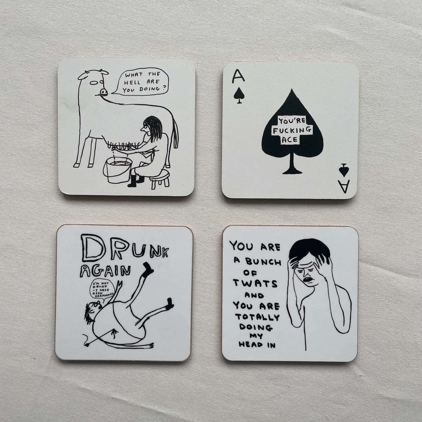 David Shrigley - Pack of 4 Coasters - Black & White