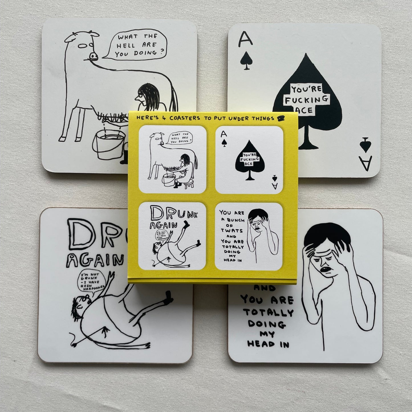 David Shrigley - Pack of 4 Coasters - Black & White
