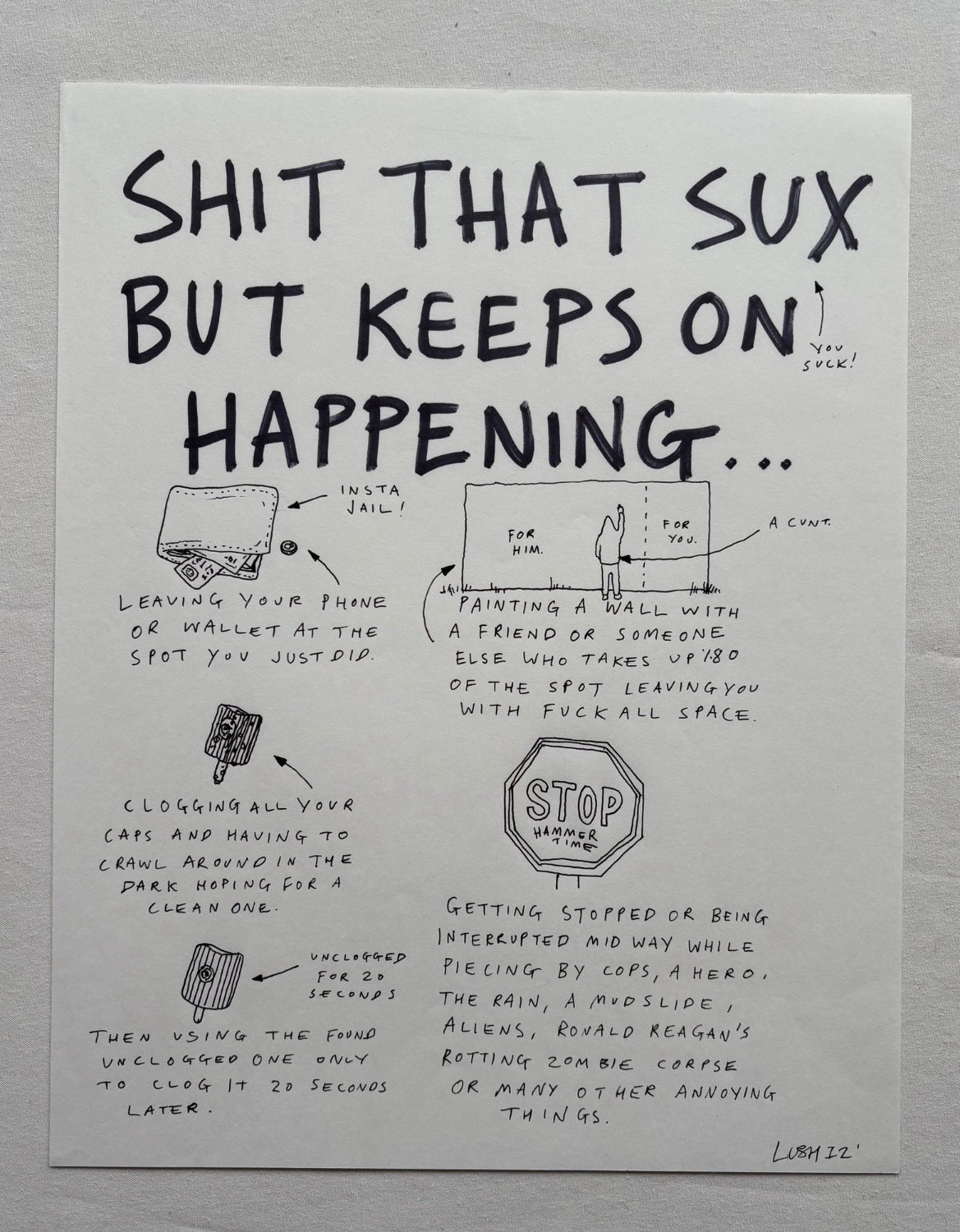 Lushsux - Zine Drawing #27 (Shit That Sux But Keeps On Happening...)