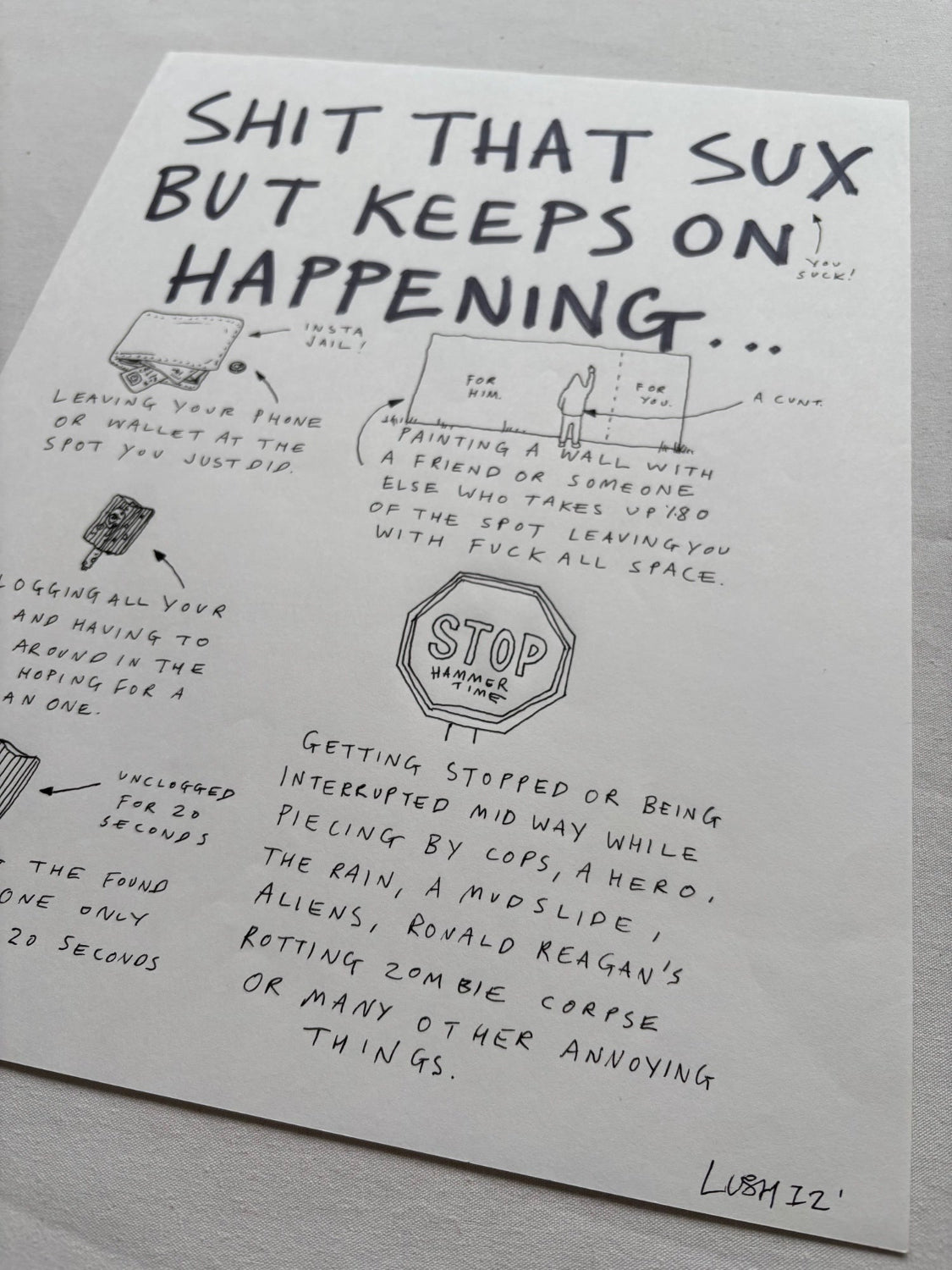 Lushsux - Zine Drawing #27 (Shit That Sux But Keeps On Happening...)