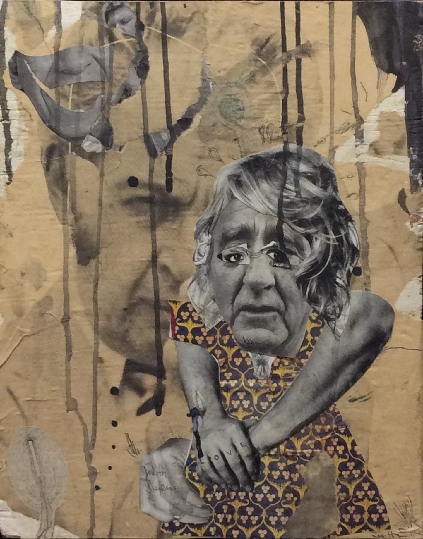 Judith Supine - Untitled - Rare Early Original Collage Hand-Painted Hand-Finished Piece - Framed Original Canvas