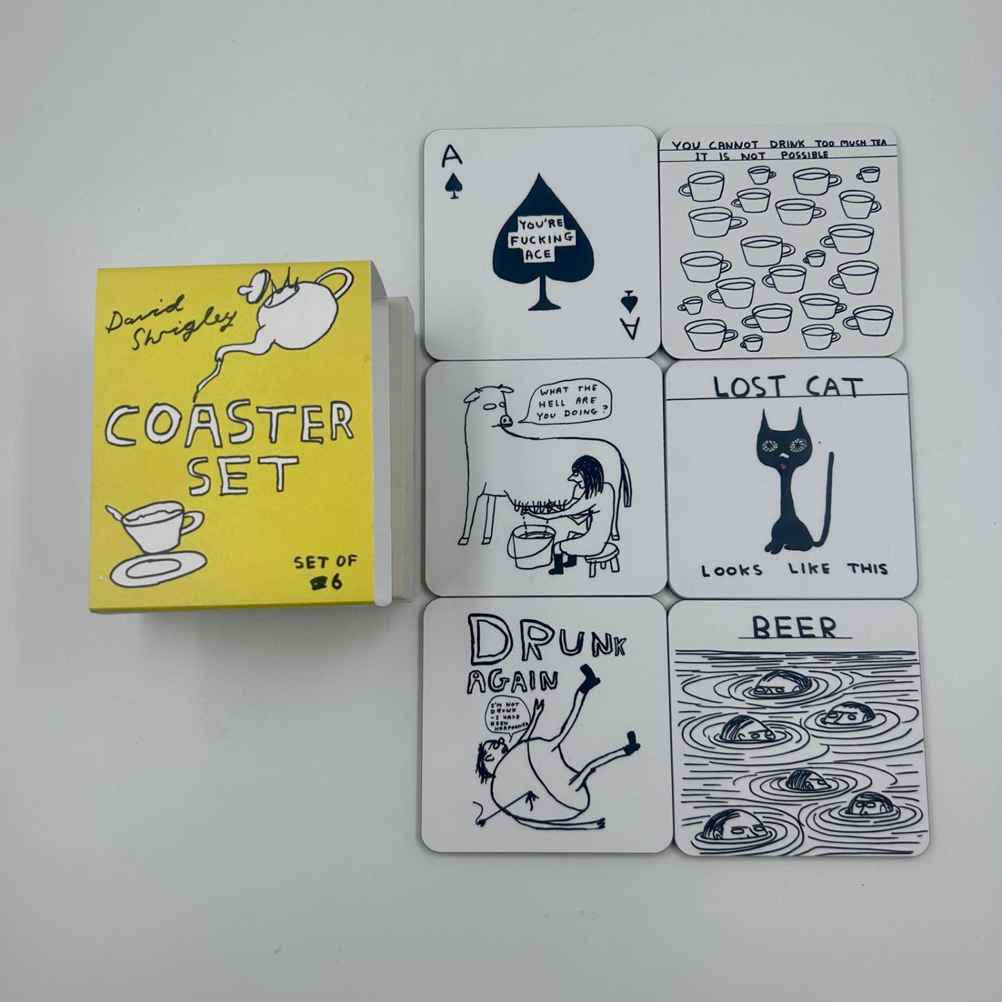 David Shrigley - Box of 6 Coasters (Coaster Set 1 - Black & White)