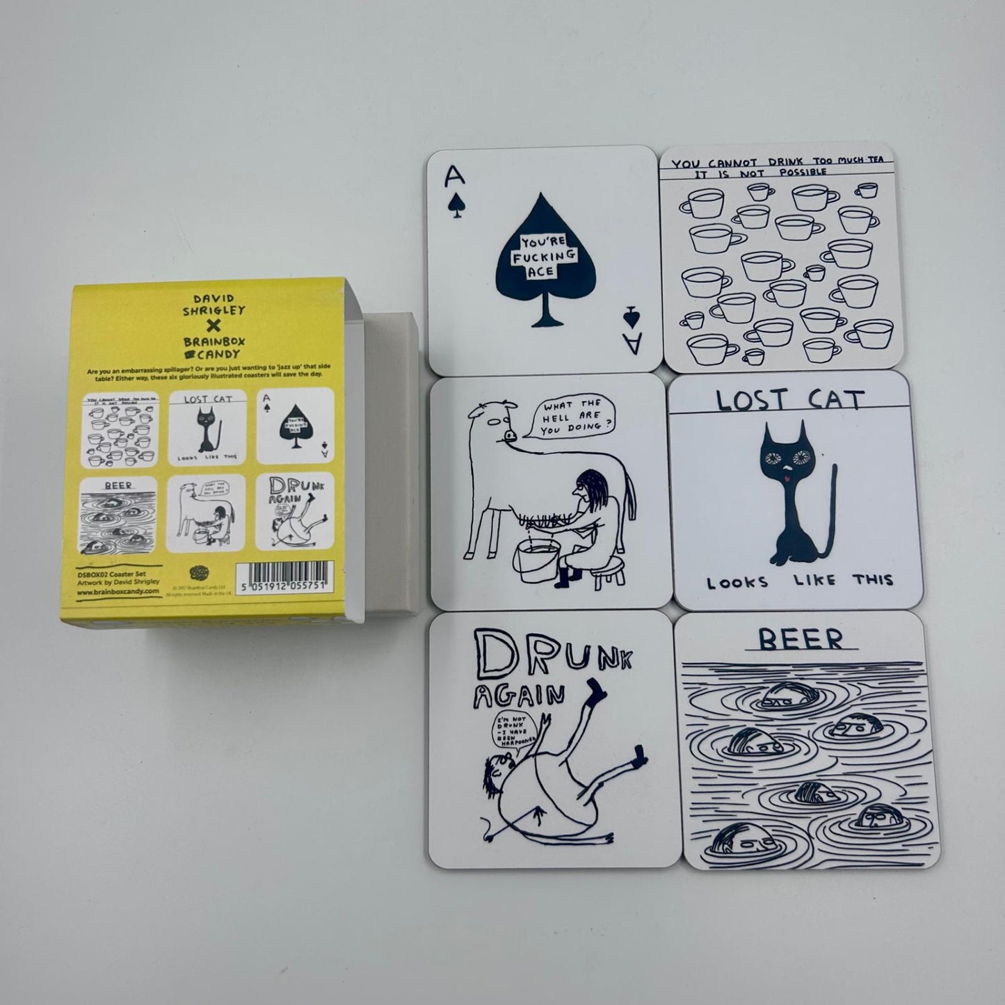 David Shrigley - Box of 6 Coasters (Coaster Set 1 - Black & White)