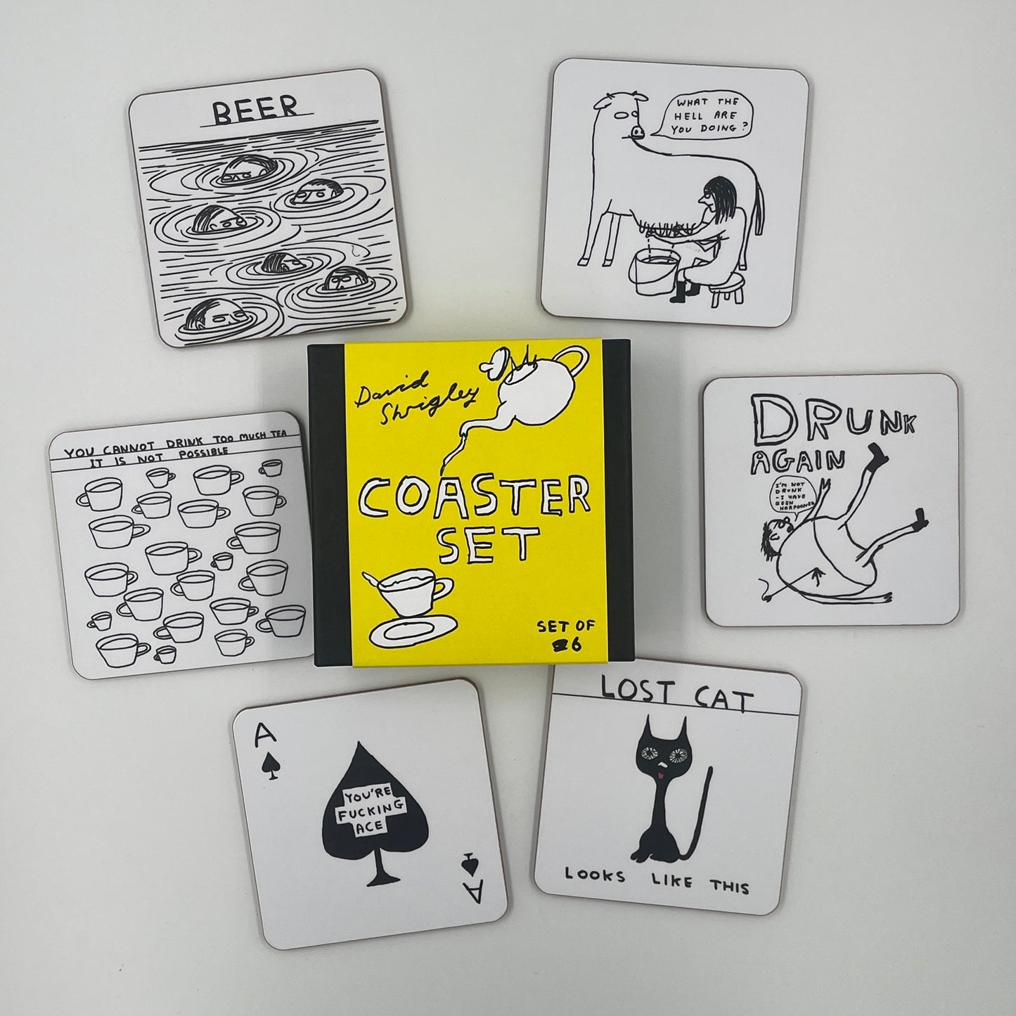 David Shrigley - Box of 6 Coasters (Coaster Set 1 - Black & White)