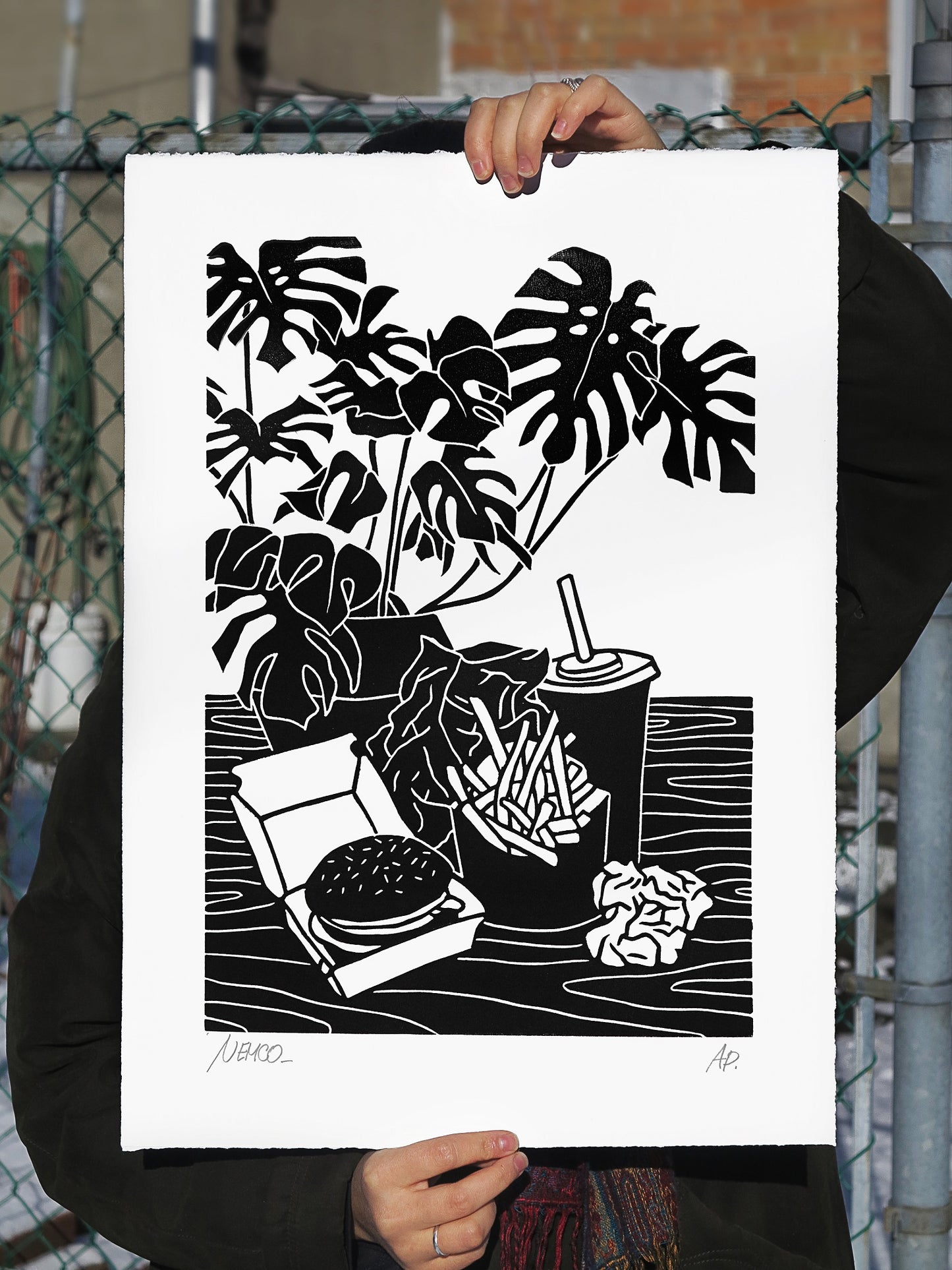 Nemco Uno - Naked Lunch - Signed Linocut Print - Italian Graffiti Artist