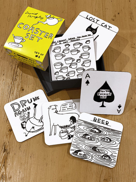 David Shrigley - Box of 6 Coasters (Coaster Set 1 - Black & White)